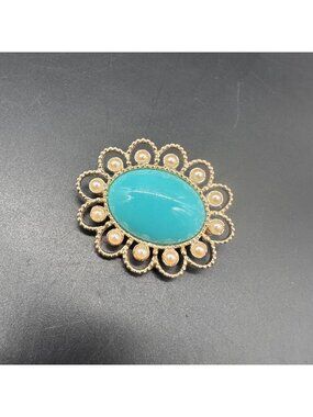 Vintage Turquoise Cabochon Brooch Faux Pearl Scalloped Gold Tone Sarah Coventry